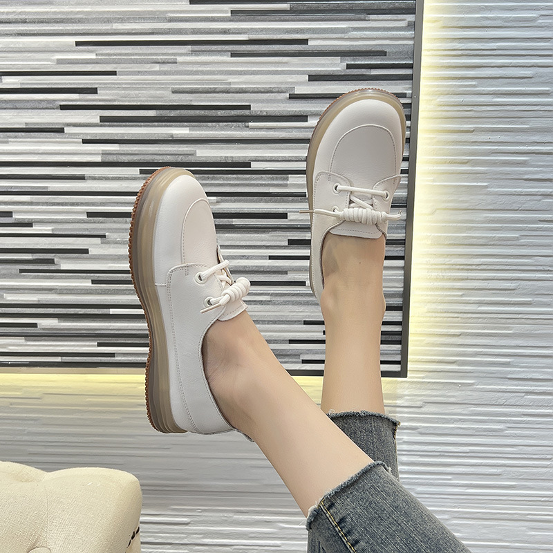Head layer cowhide soft bottom soft surface shallow mouth single shoes maternity breathable hollow casual shoes 2024 jelly bottom small white shoes fe