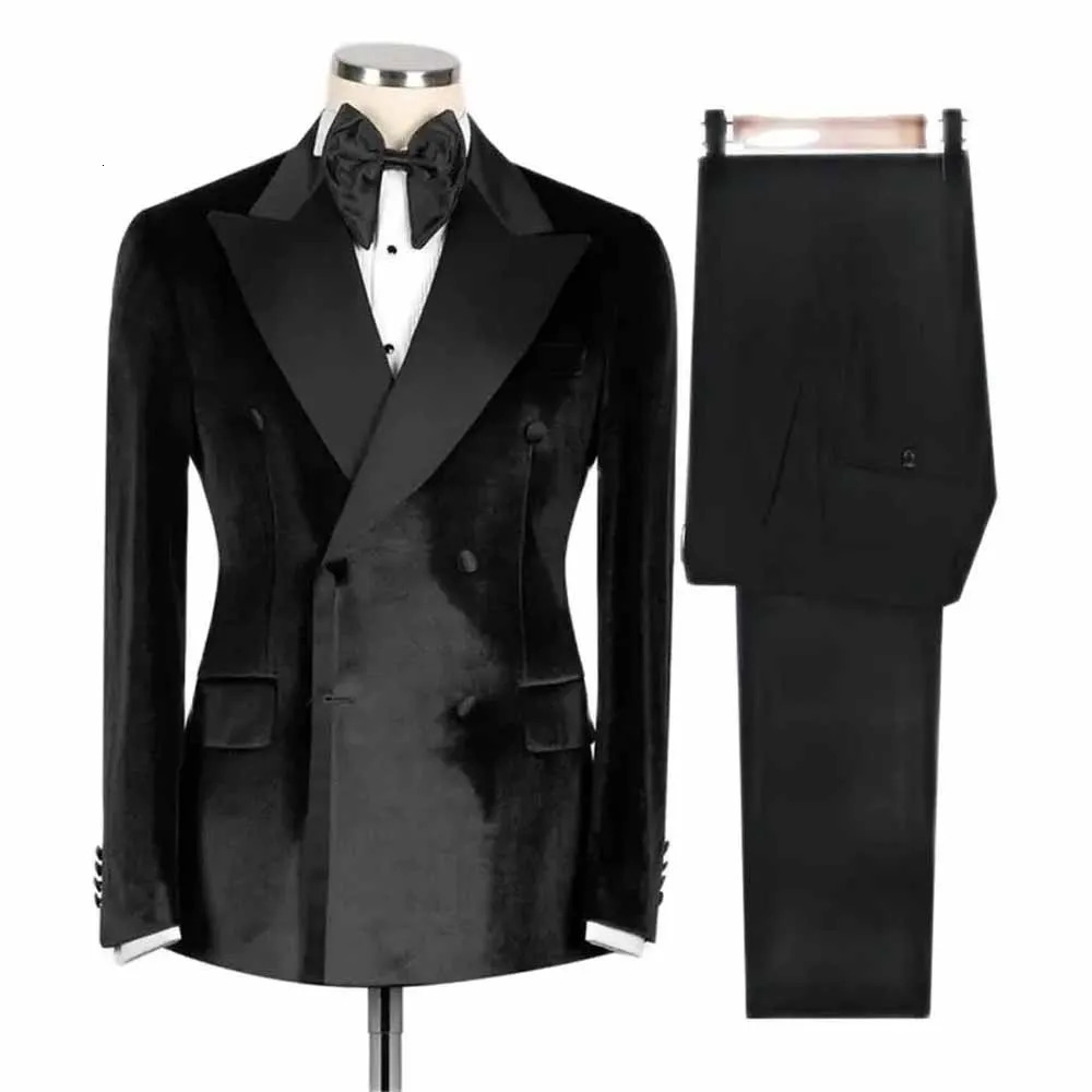Elegant mens jacket double breasted velvet black lapel formal business 2-piece set jacket ultra-thin fit clothing mens 241028