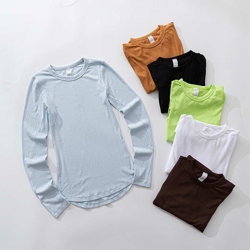 2025--Womens Yoga Hold Tight Shirts Long Sleeve Shirt Solid Color Sports Fitness Women Round Neck Top Jogging Sportswear Breathable