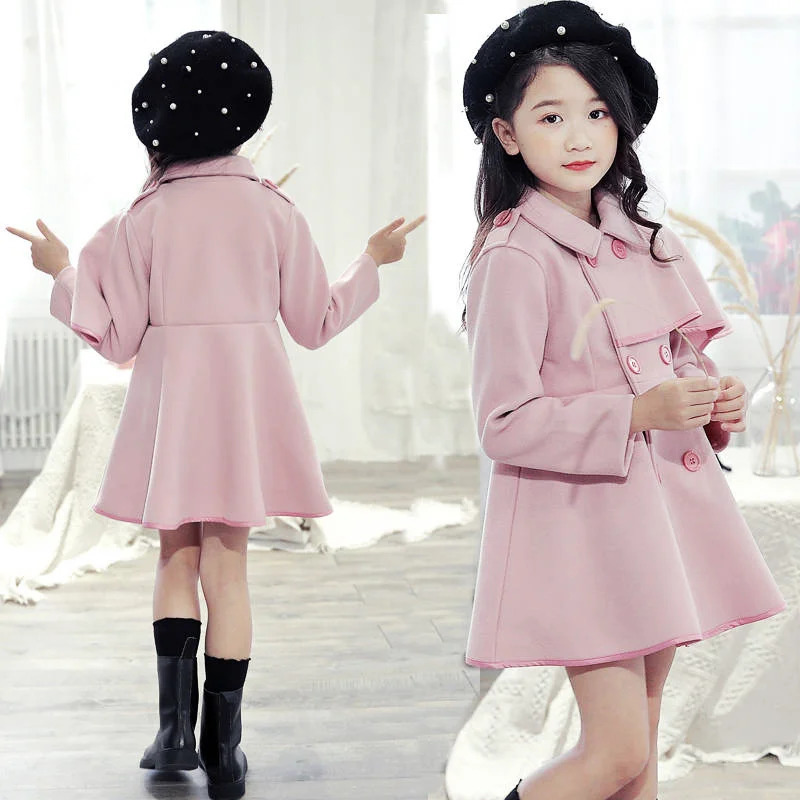 Girls Warm Woolen Coat Winter Thicken Outerwear Girl Woolen Jacket Kids Ruffle Sleeves Long Overcoat Autumn Fashion Girl Jackets 241028