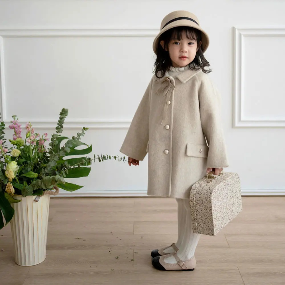 Winter baby Girls Long Tweed Jacket Coat Kids Princess Thickened Bow Single-breasted Coat Children Warm Jacket overcoat clothes 241028