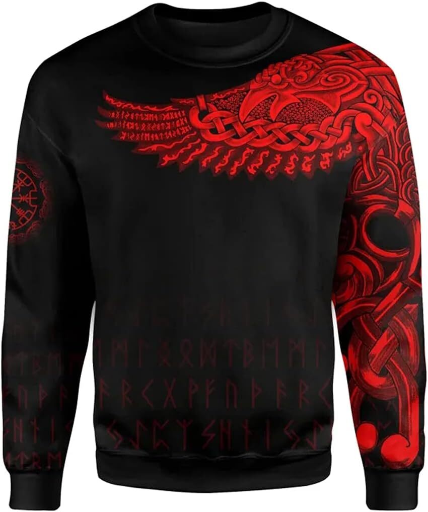 Long Sleeve Shirts for Men sweatshirt Unisex 3D Print Raven Hoodie Sweatshirt, Norse Viking Guardian Angel Wing Odin Rune Harajuku Streetwear
