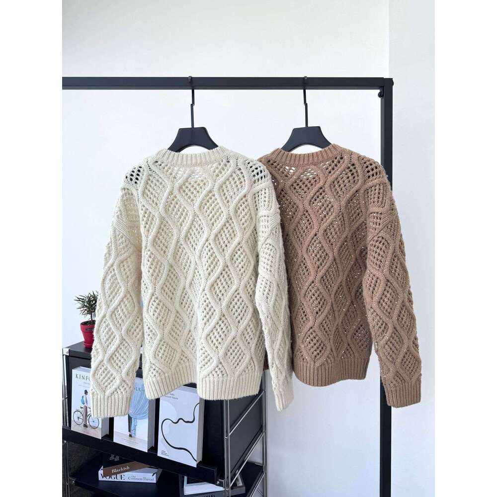 Naizaiga 100 Merino Wool O-Neck Long Sleeve Paillette White Camel Loose 2024 Autumn Women Pullover Girl Sweaters Sm3