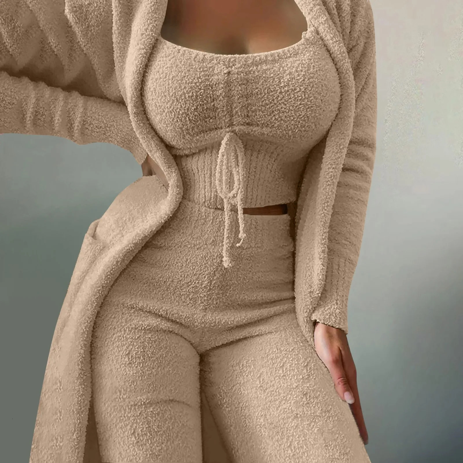 WomenS Fleece 3 Pc Teddy Loungewear Spaghetti Strap Crop Tank Wide Long Pants Fuzzy Kimono Cozy Sweatsuit Set Ladies Pants Suit 241028