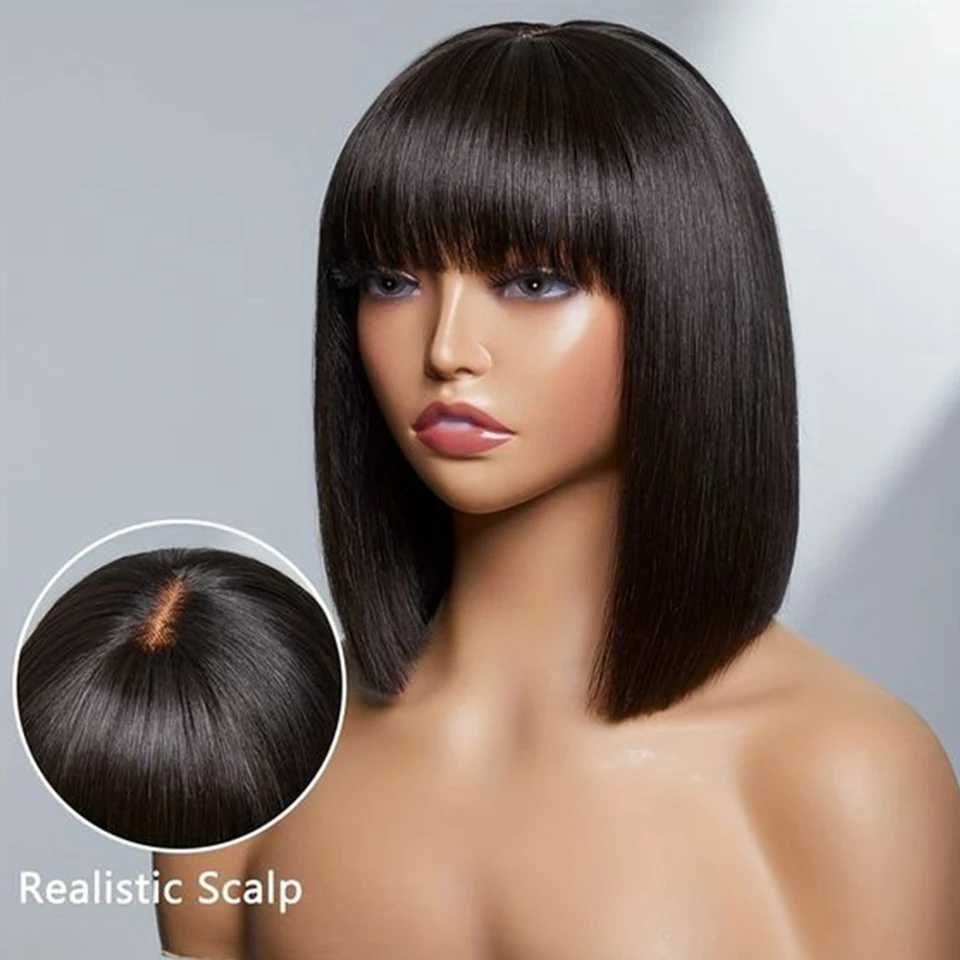 New Arrival Peruvian straight Bob lace wig without glue straight wig with fringe edge middle part Bob lace wig real scalp Z241028