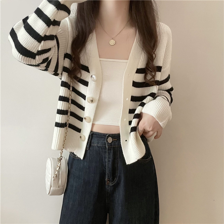Korean Version Short Sweater Jacket Women S Autumn And Winter New College Style Ins Trendy Shoulder V Neck Contrasting Striped Knitted Cardigan F1029#