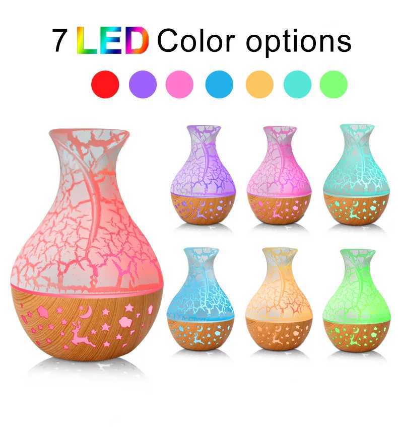 150ml new Vase air humidifier hollow wood grain aramid essential oil diffuser 7-color LED light Y241104