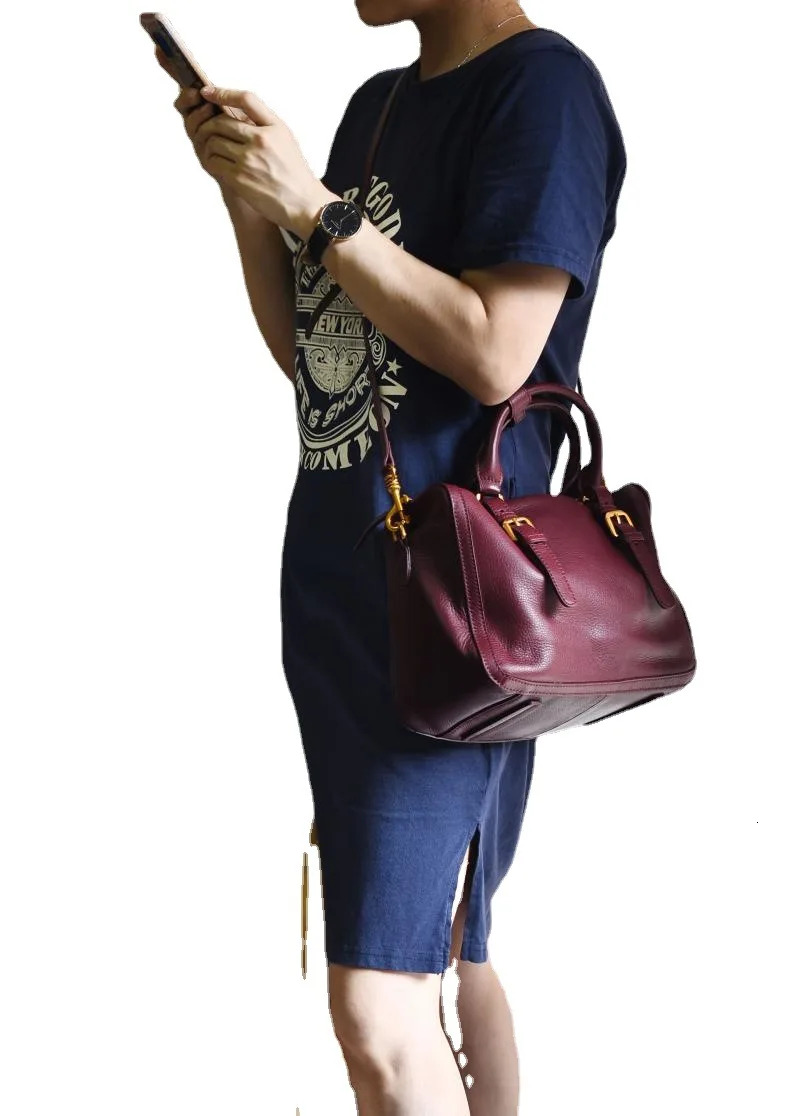 2024 Leather Boston Women's Handbag Large Capacity Fashion First Layer Cowhide Single Shoulder Crossbody Purses And Handbags