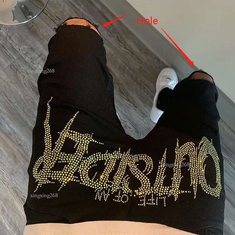 New Men Stretch Destroyed Hole Taped Slim Fit Black Jeans Biker Trousers Ripped Skinny Hot Drill Street Punk Denim Pencil Pants