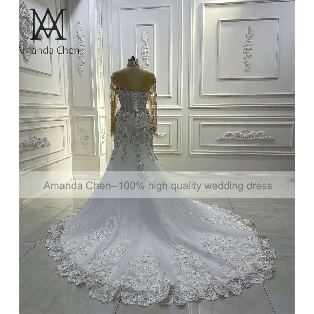 High Neck Lace Appliques Full Sleeves Wedding Dress