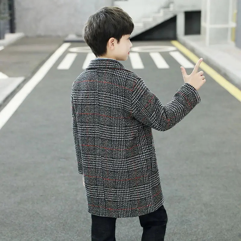 5-14T Boys Woolen Coat For Winter Fashion Plaid Turn Collar Thick Warm Woolen Jacket Gray/khaki High Quality 241028