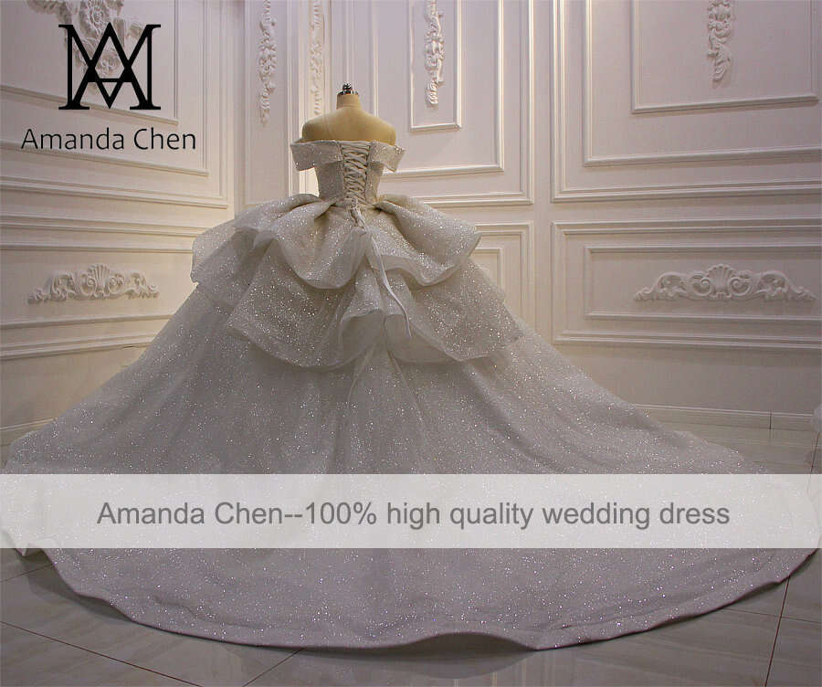 Robe Mariage Femme Off Shoulder Pleat Folds Glitter Shiny Wedding Dress 0227Lz