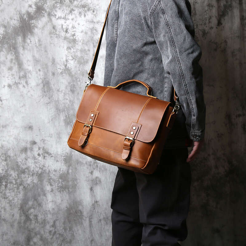 Vintage Men's Briefcase Crazy Horse Leather Handbag Casual Natural Cowhide Computer Shoulder Messenger Bag