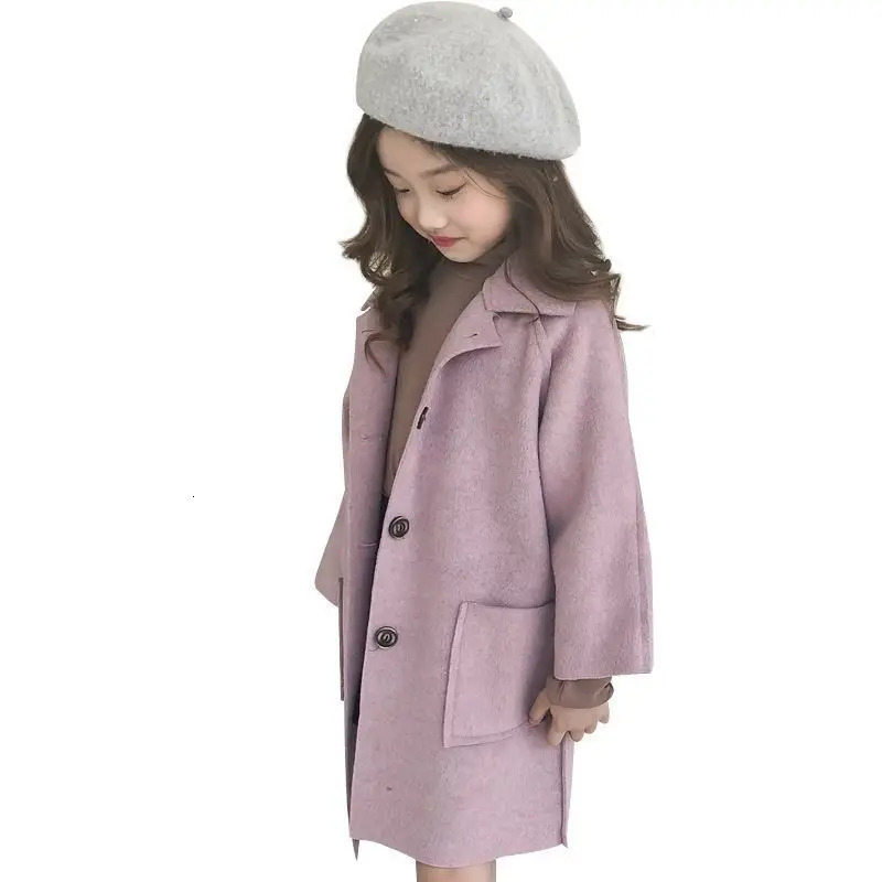 Spring and Autumn Girls Solid Color Fashion Versatile Windproof Warm Polo Collar Woolen Long Coat for 4-10 Years 241028