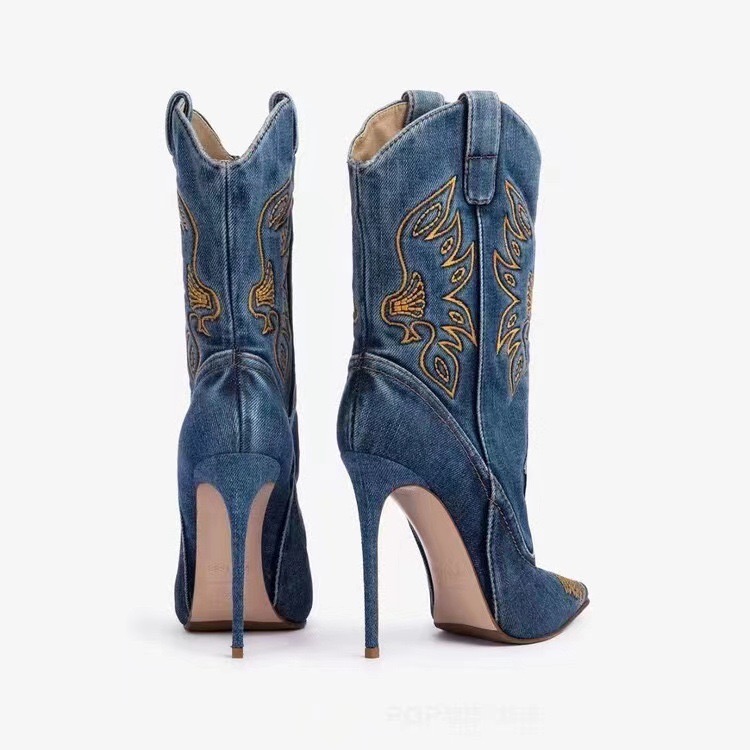 Embroidered Car ing 11cm High Heeled Pointed Western Cowboy Women Denim Fashionable Spicy Girl Sexy Knight Boots 46