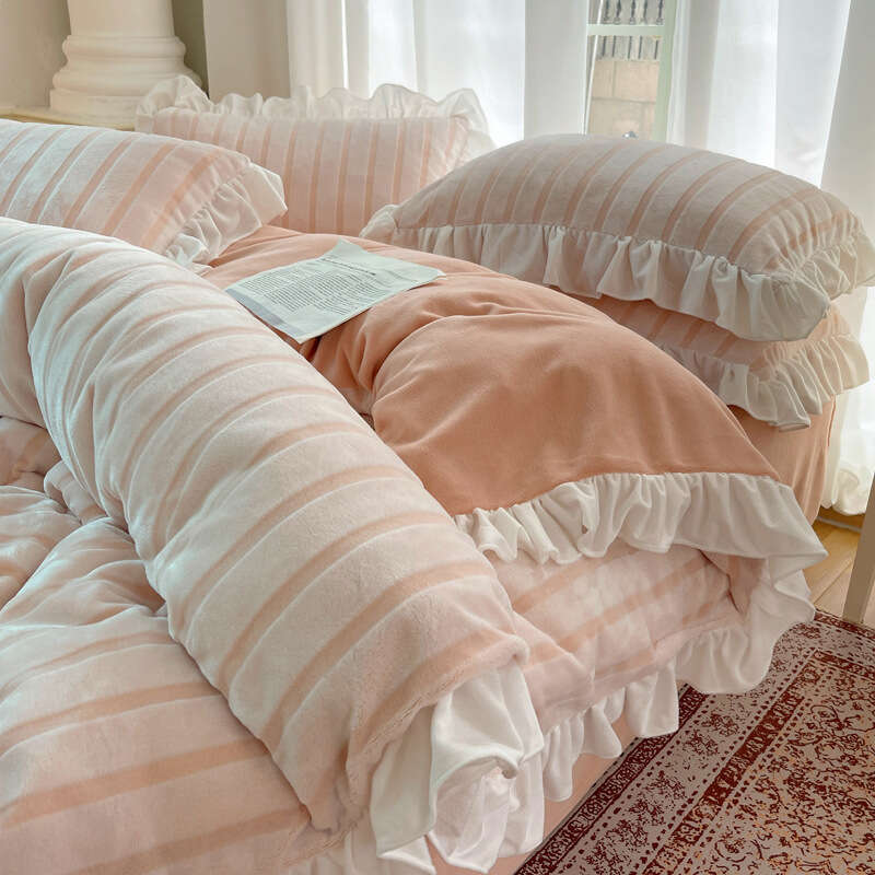 Ins Princess Wind Milk Four Winter Thickened Three Piece Set Double Sided Velvet Duvet Cover Bed Sheet Carving Flower Bedding 4