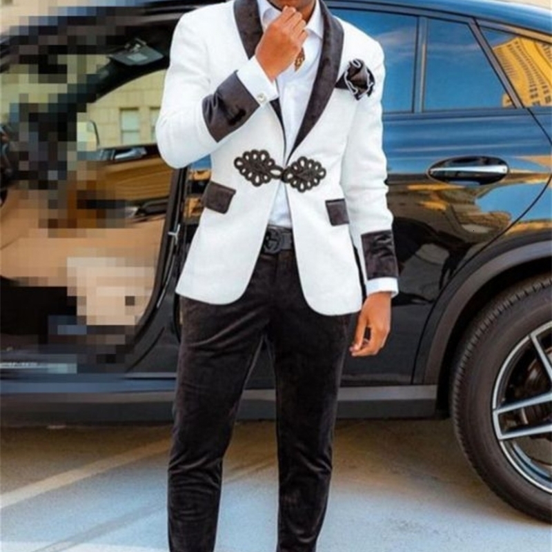 Black and white Jaquart mens 2-piece ultra-thin suit suitable for young mens dance party set velvet wedding evening dress Trajes De Hombre jacketpants