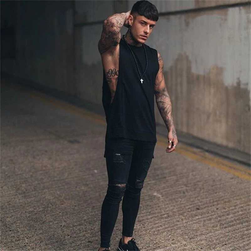Mens Casual Fashion Tank Top Gym Workout Cotton Slveless Shirt Summer Clothing Male Extend Long Singlet Hip Hop VestC241029