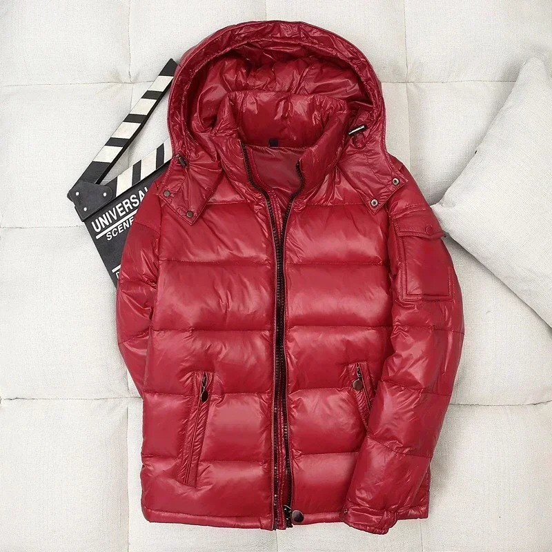 winter mens shiny inflatable jacket hooded casual white duck jacket high-quality mens outdoor windproof and warm jacket 3XL 241029