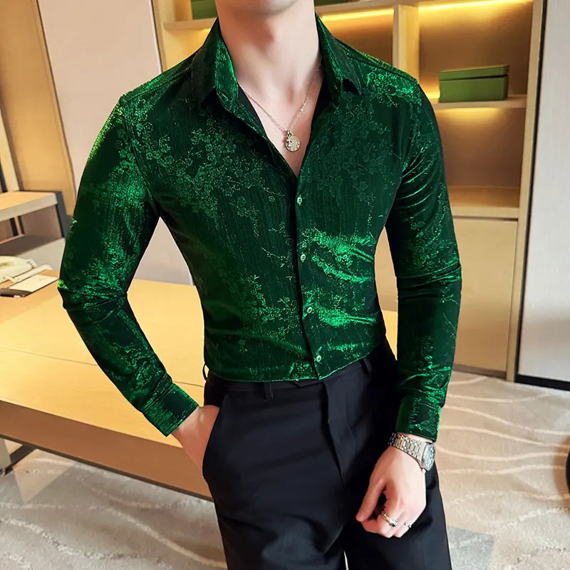 retro velvet mens autumn long sleeved slim casual shirt fashionable jacquard business social mens clothing 241028