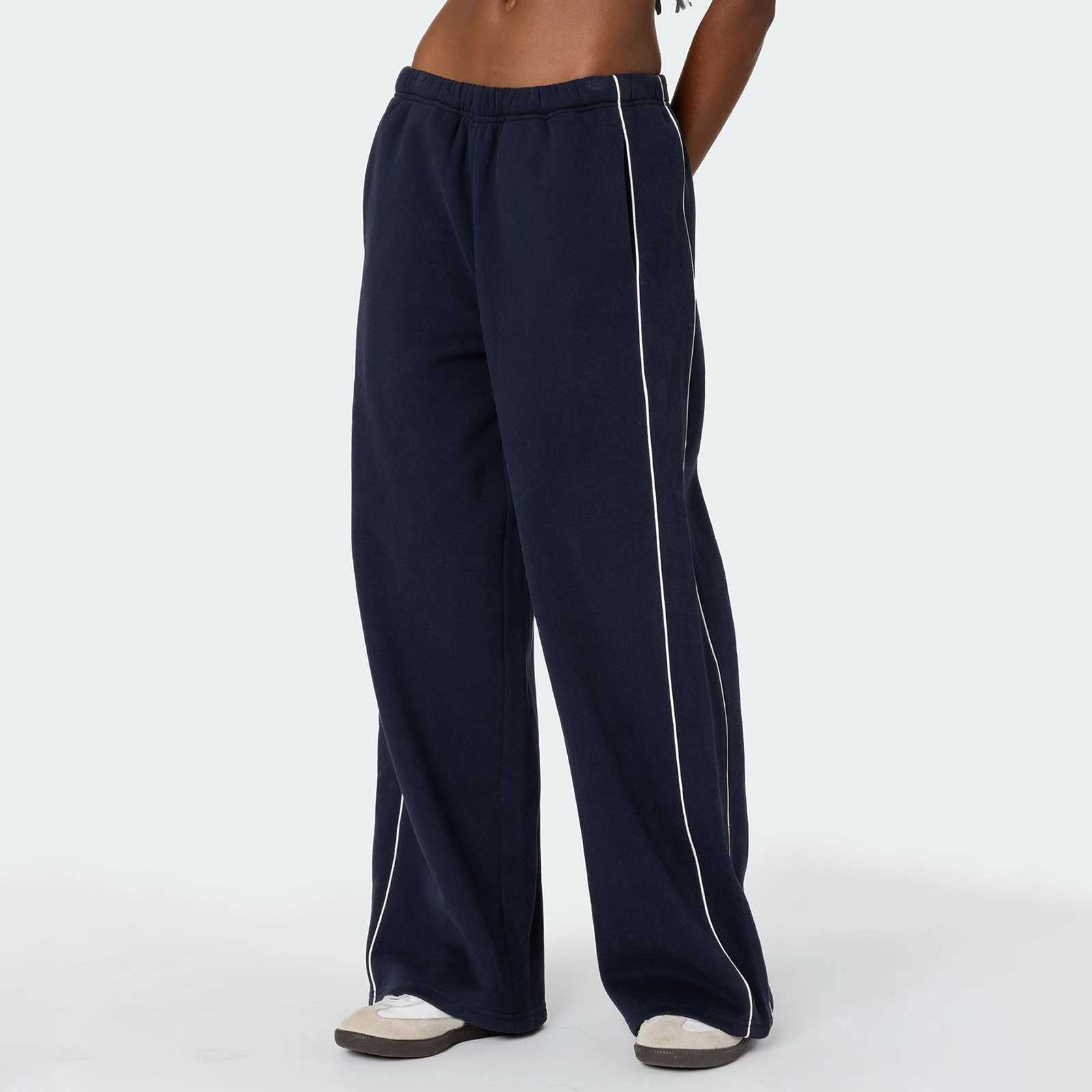 Casual Wide Leg Sweatpants White Trim Elastic Waist Loose Sports Trousers with Pockets Teen Girls Outfits Autumn Loung PantsX241028