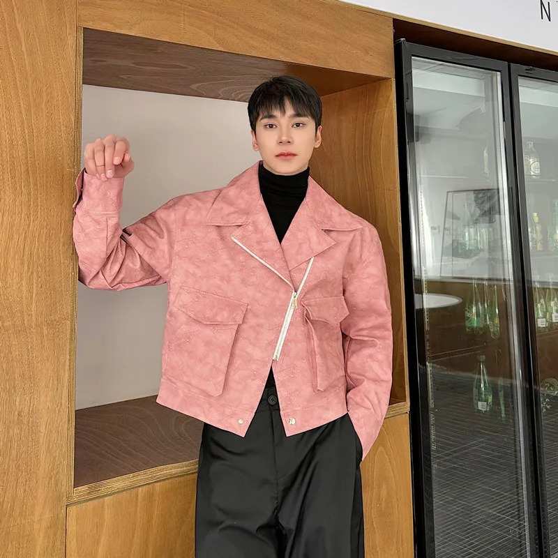 mens short PU leather jacket matte tie dyed fashionable motorcycle jacket hip-hop streetwear mens green pink 241028