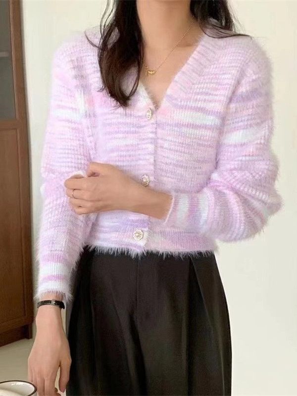 Colorful Striped Faux Mink Cardigan Women S Autumn And Winter Style V Neck Soft Glutinous Knitted Jacket Age Reducing Casual Chic Top F1029#40 ffcd0