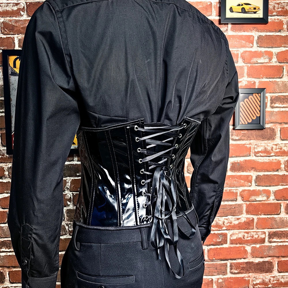 Mens tight corset tight top waist trainer abdominal control lace upper bone retro shiny PU leather body shaping 241029