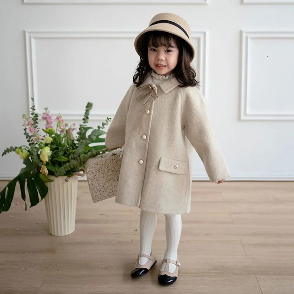 Winter baby Girls Long Tweed Jacket Coat Kids Princess Thickened Bow Single-breasted Coat Children Warm Jacket overcoat clothes 241028