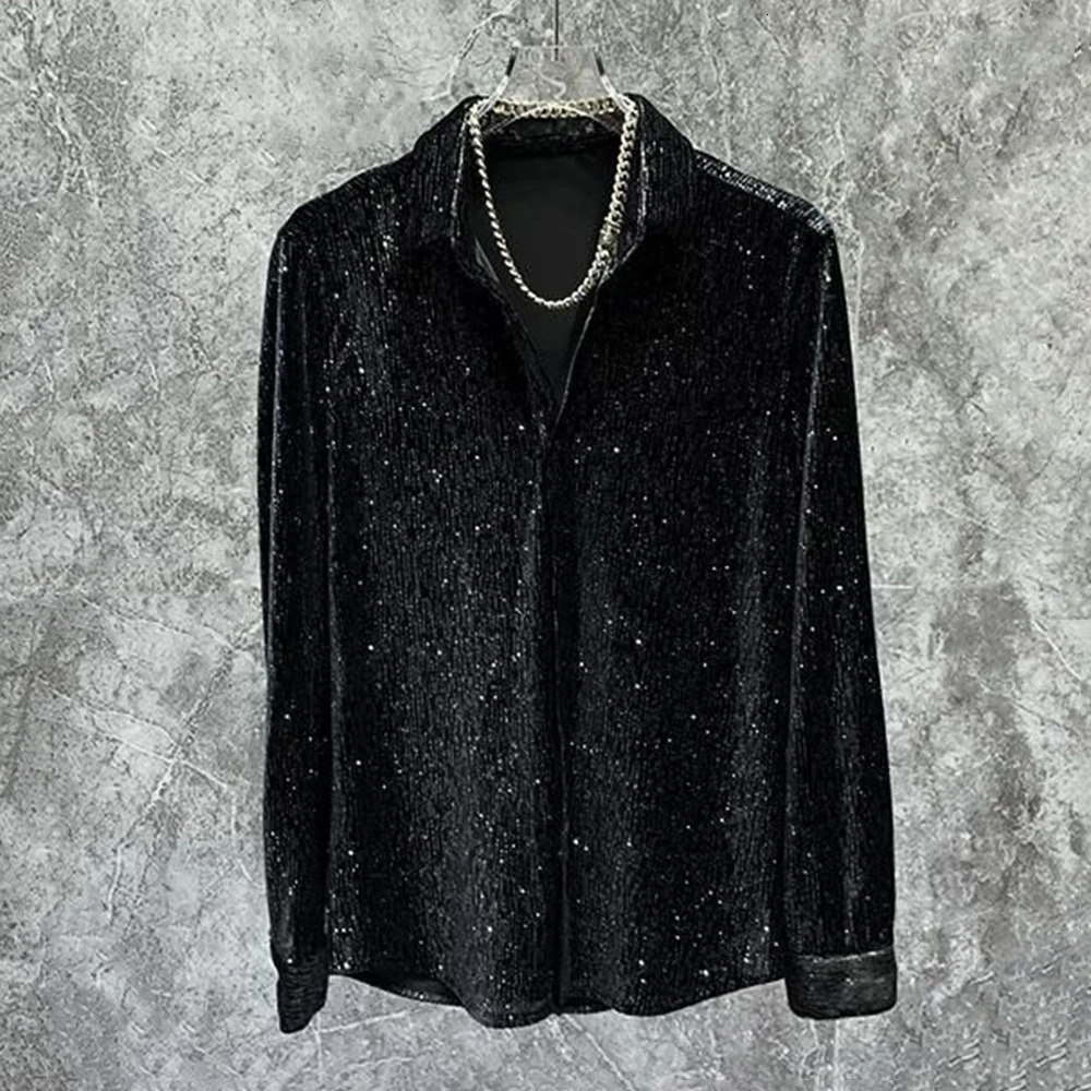 Mens gold velvet shiny long sleeved casual shirt autumn unisex fashion youth personality slim nightclub performance top-level unisex style 241028