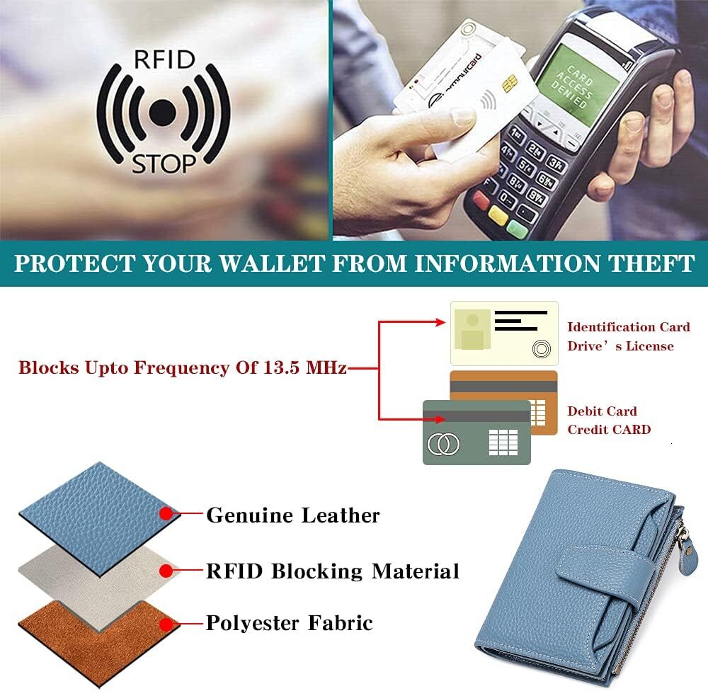 FALAN MULE Wallet Made of Genuine Leather Double Fold Compact RFID Shielded Small Women's Wallet, Aa blue,