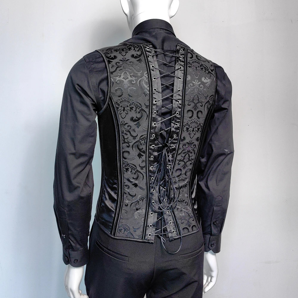 Mens tight corset vest slim waist formal dress waist jacket belly control shaping top wedding stage costume lace tank top black 241029
