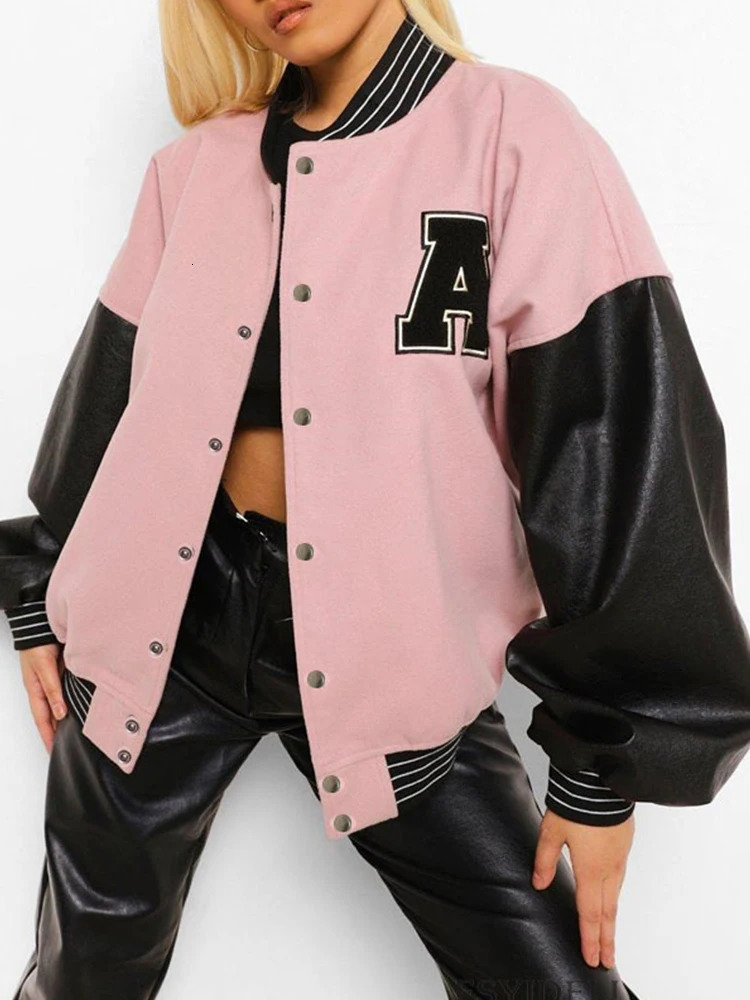 womens clothing fashion casual patch work button crop bomber school team jacket womens winter baseball jacket 241029