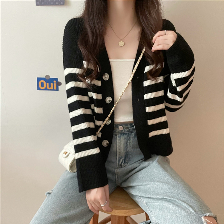 Korean Version Short Sweater Jacket Women S Autumn And Winter New College Style Ins Trendy Shoulder V Neck Contrasting Striped Knitted Cardigan F1029#