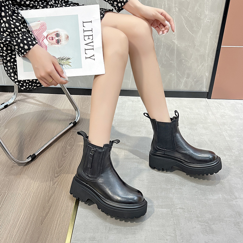 New head layer cowhide Martin boots female mona England style mid-calf thick bottom Chelsea boots cigarette boots