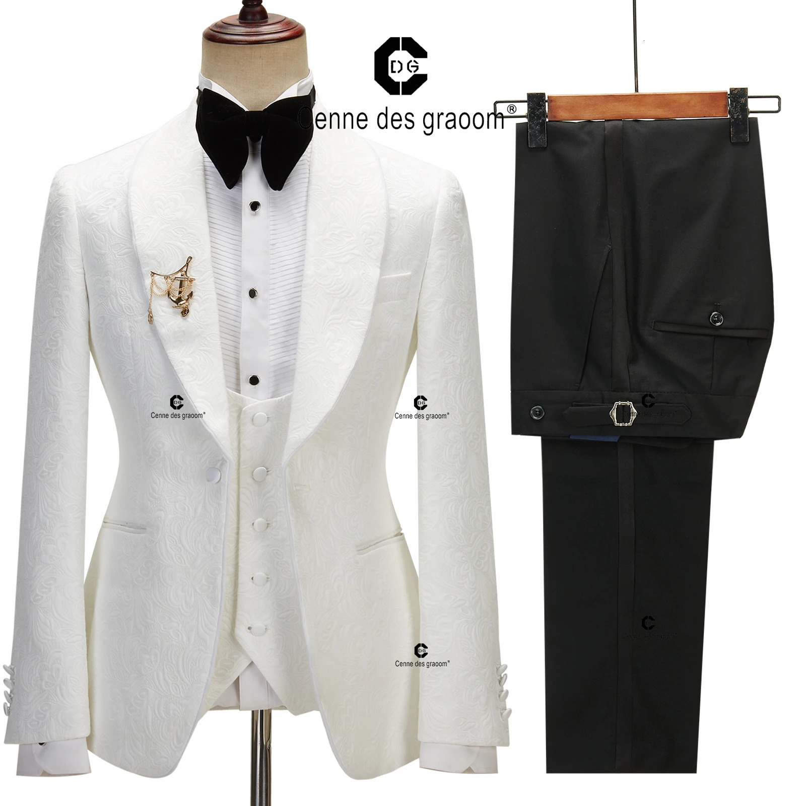 Cenne Des Graoom Mens Wedding Set Ivory Paisley Jacket Evening Dress Black Pants Satin Striped Slimming Shawl Collar 241028