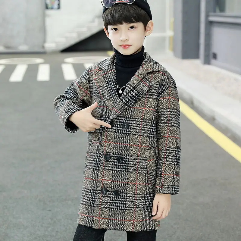 5-14T Boys Woolen Coat For Winter Fashion Plaid Turn Collar Thick Warm Woolen Jacket Gray/khaki High Quality 241028