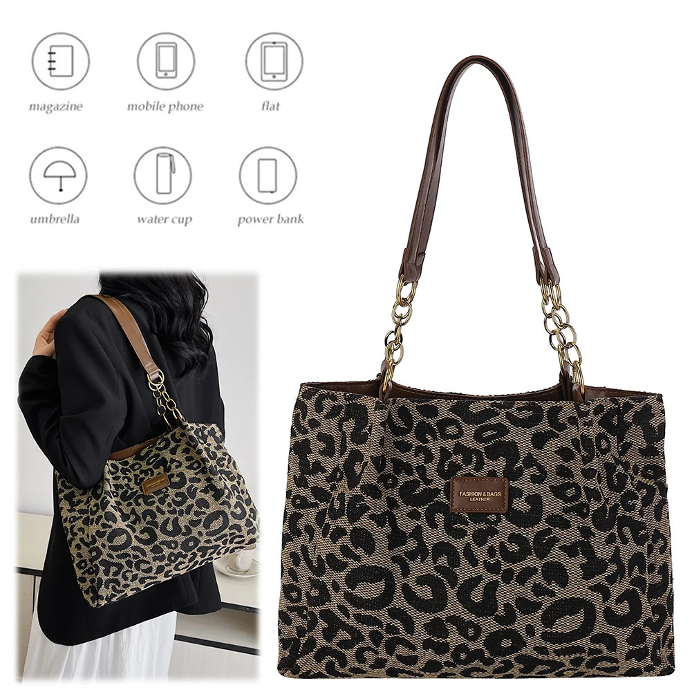 Womens shoulder bag leopard print canvas handbag multiple pockets used for school work and shopping 241028