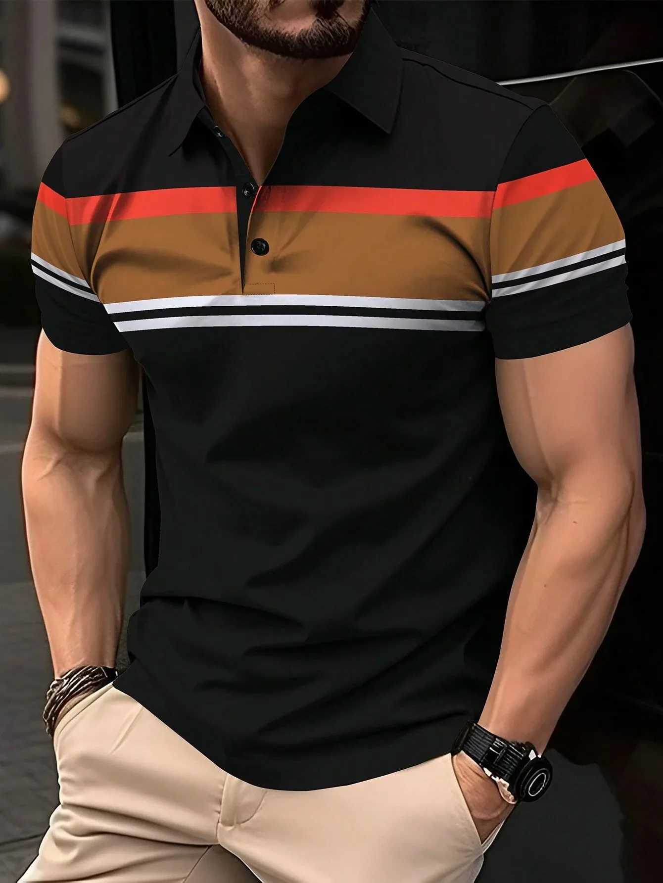 Mens Polo Shirt Button Collar Short Sleeve Pullover New Summer Casual Sports Solid Color Striped Lapel Trend Mens T-Shirt XJ250725
