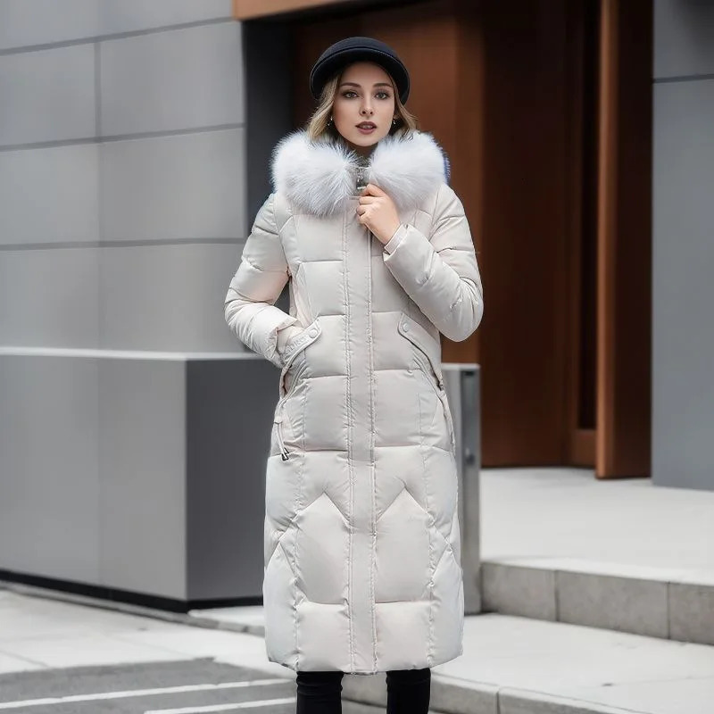 Parkas Winter Womens Jacket Long Coat 2024 Thick Coat Fur Collar Hooded Zipper Warm Chiffon Womens Apron 2
