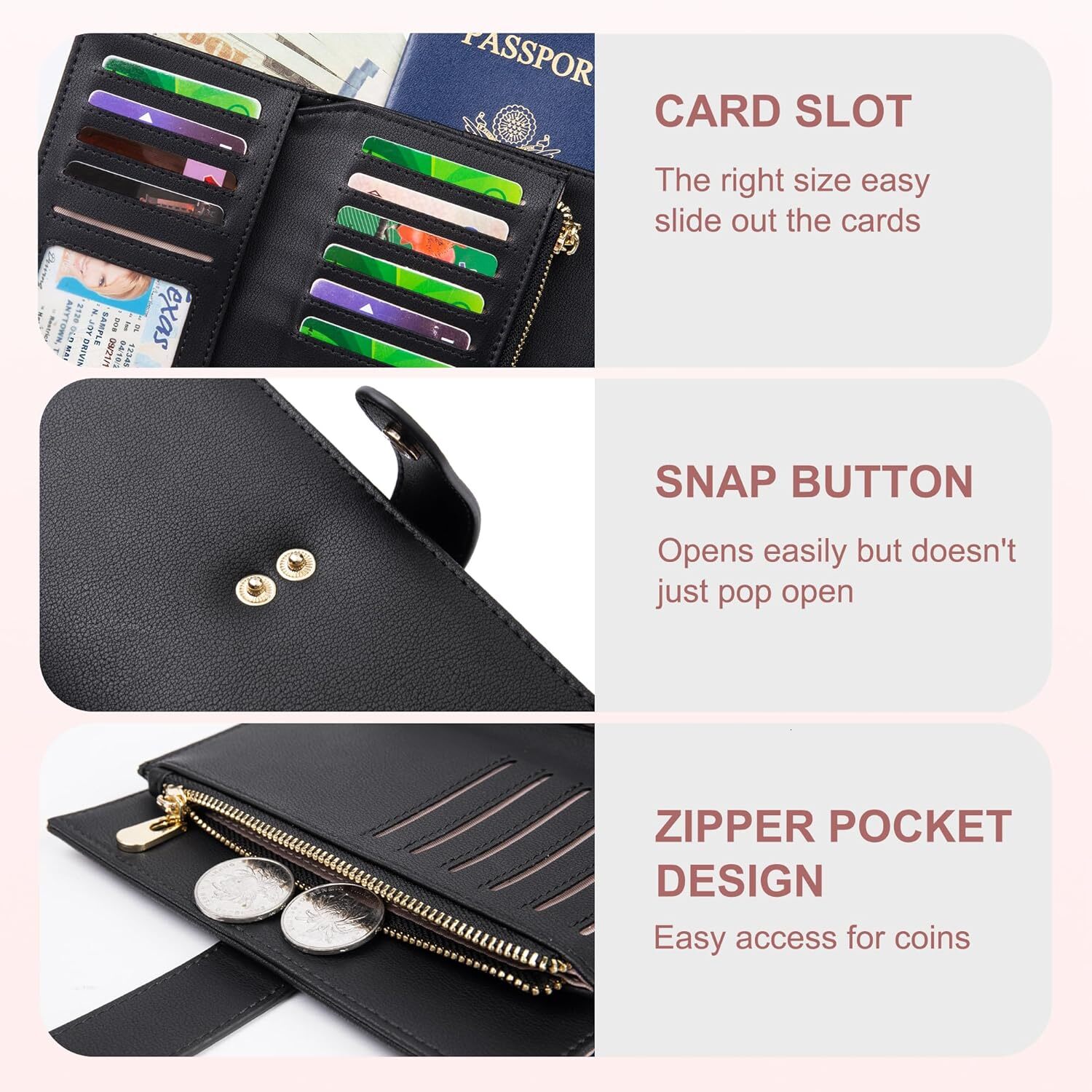 Yiijay Shielded Artificial Leather Triple Fold Handbag Credit Card Bag Women's Travel with Pen Bag, 1 Black, RFID Wallet