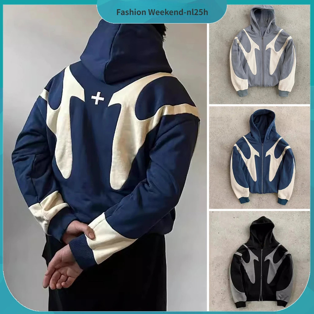 Nl25h Fashion Classic Retro Street Clothing Y2K Zipper Hoodie Mens Harajuku Gothic Jacket Hip Hop Oversized Sweatshirt 241028