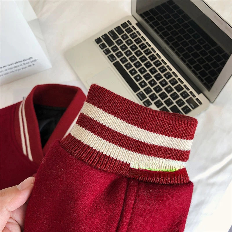 Streetwear red bomber jacket womens sports shirt baseball jersey stand up collar jacket loose jacket long sleeved Harajuku crop top 241029