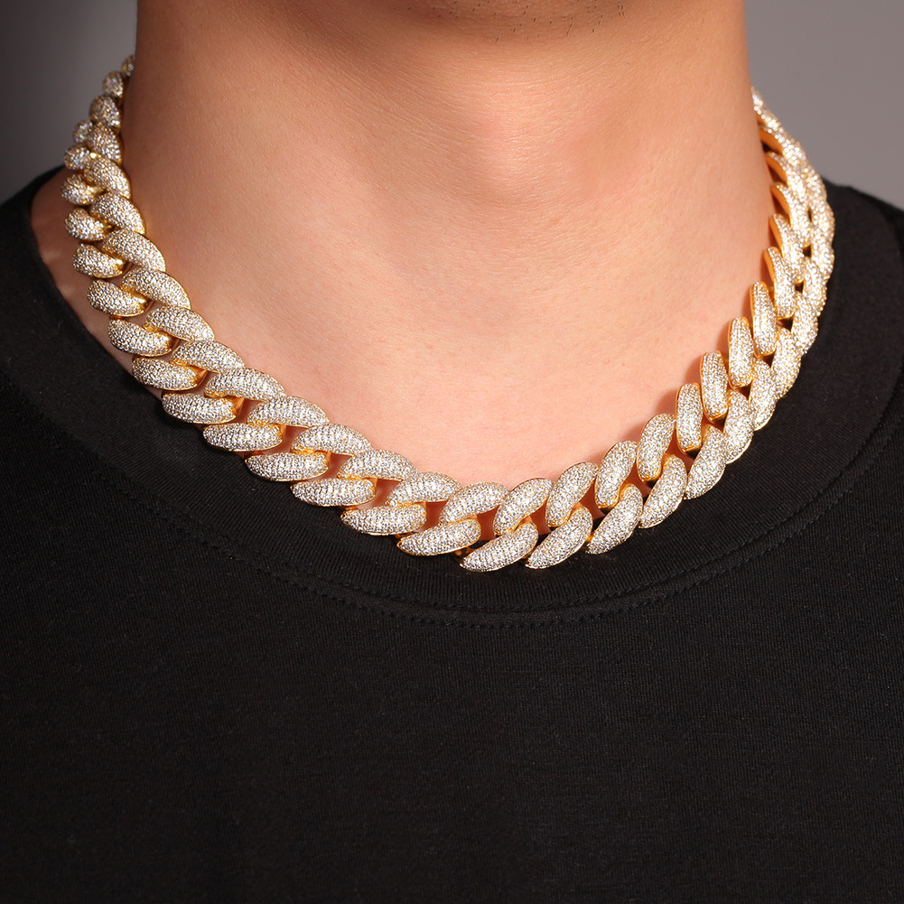 Hip Hop Heavy Duty 18mm Cuban Link Necklace 5A Cubic Zirconia Spring Clasp 18k Gold Plate Jewelry