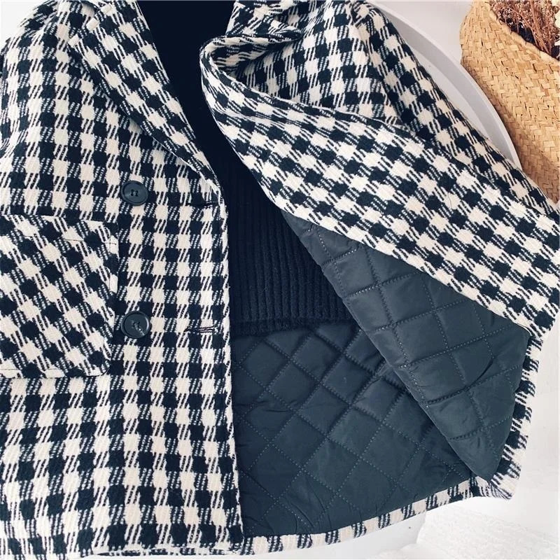 Baby Boy Girl Woolen Plaid Jacket Long Double Breasted Warm Child Lapel Tweed Coat Cotton Padded Baby Outwear Clothes 1-10Y 241028