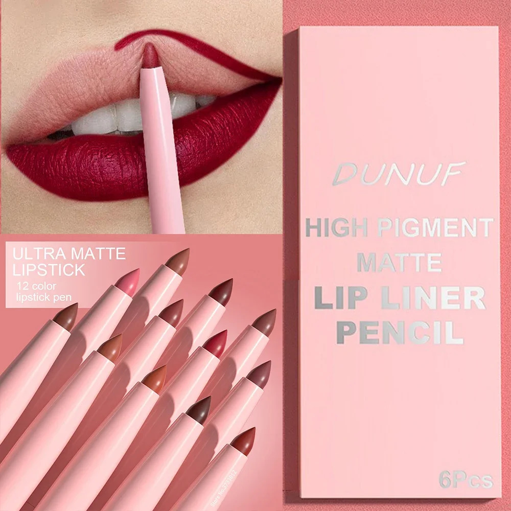 6PC Velvet Matte Lipstick Pen Nude Brown Lip Liner Pencil Kit Smooth Rose Red Pigment Waterproof Long Lasting Dye Cheek Lip Tint 241028