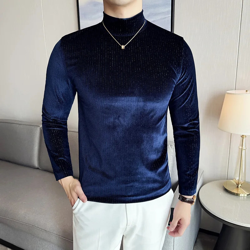 Mens high neck knitted sweater high-quality autumn and winter Korean velvet mens T-shirt slim fit casual striped T-shirt 241028