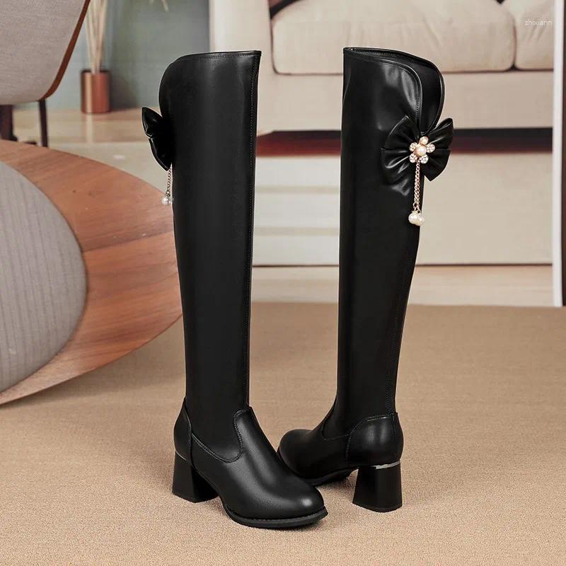 Boots Designer Pointed Toe Women Knee High 2024 Fashion Back Bowknot Long Thick Heels Autumn Winter Ladies Shoes b4ca