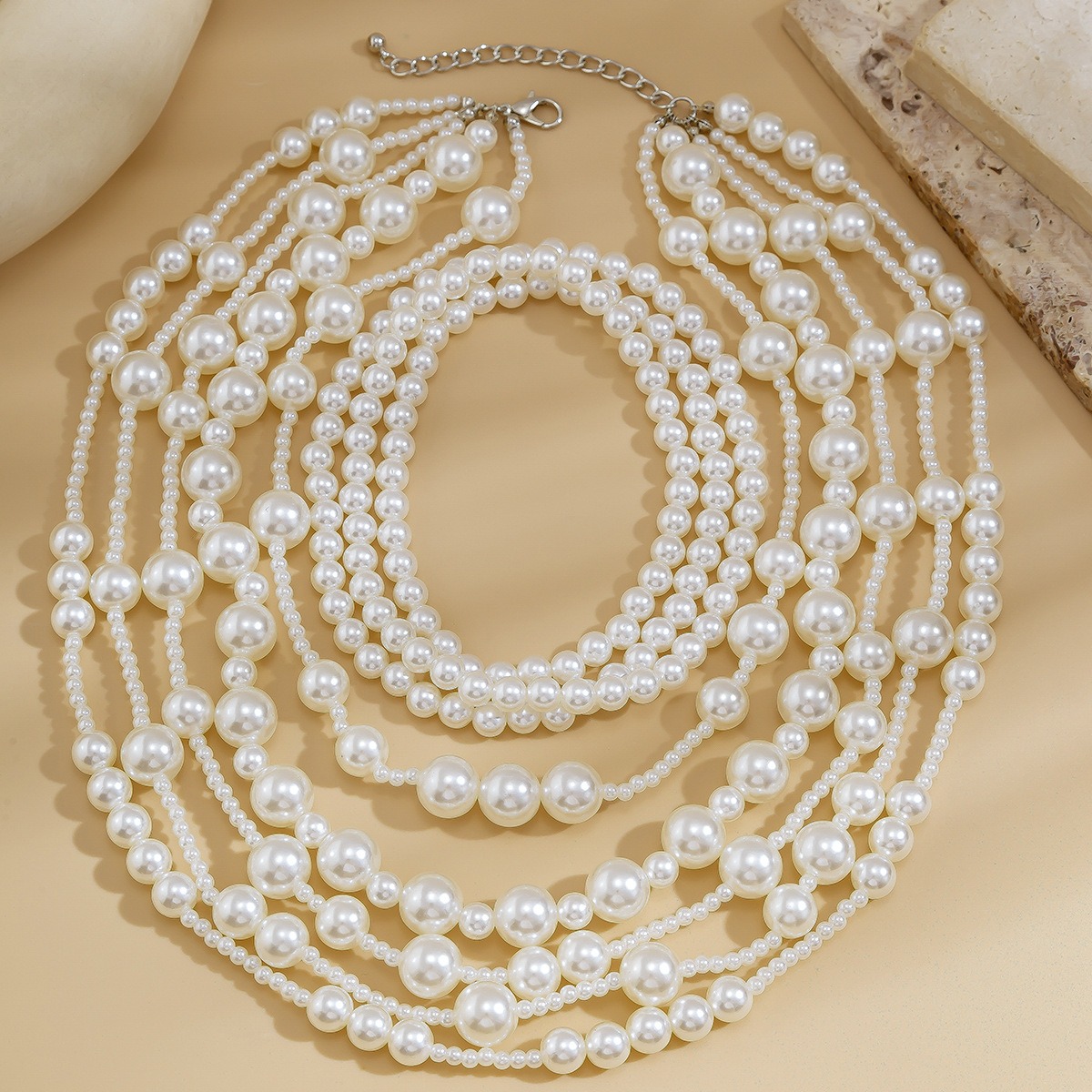 European and American Exaggerated Multi-layer Imitation Pearl Necklace Women's Dress Fashionable Bride's Small Fragrance Bead Necklaces Set