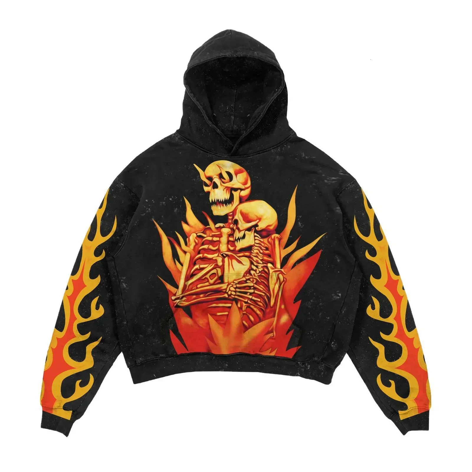 Retro hooded sweater with skull print flame Y2K retro hooded zipper jacket street gothic style casual fashion mens Harajuku top 241028